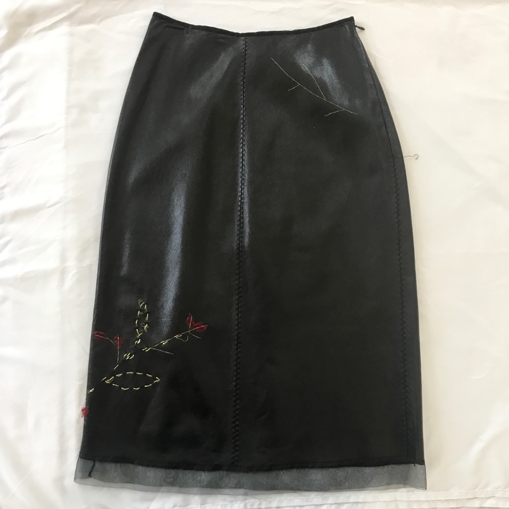 Leather Long Skirt with Embroidered Floral Designs